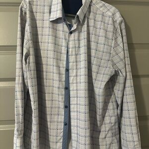 Men's White Check Dress Shirt with Blue Accents